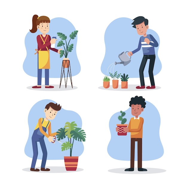 Flat people taking care of plants set