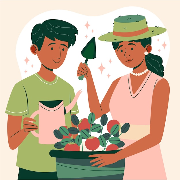 Flat people taking care of plants together