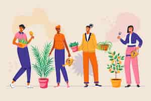 Free vector flat people taking care of plants