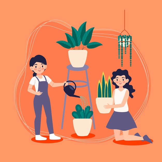 Flat people taking care of plants