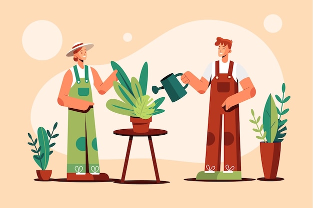 Free vector flat people taking care of plants