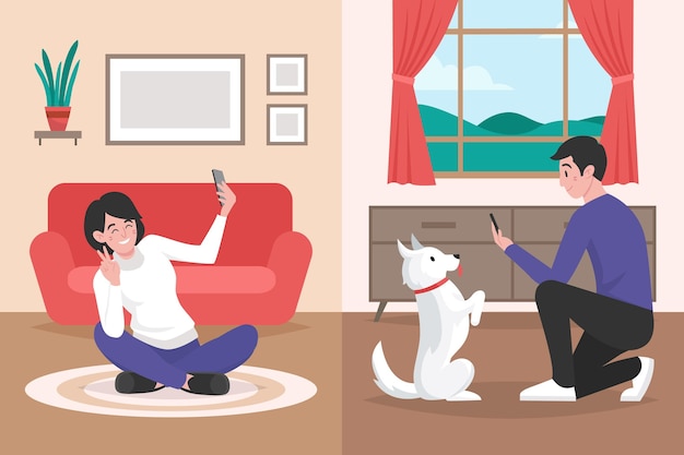 Free vector flat people taking photos at home