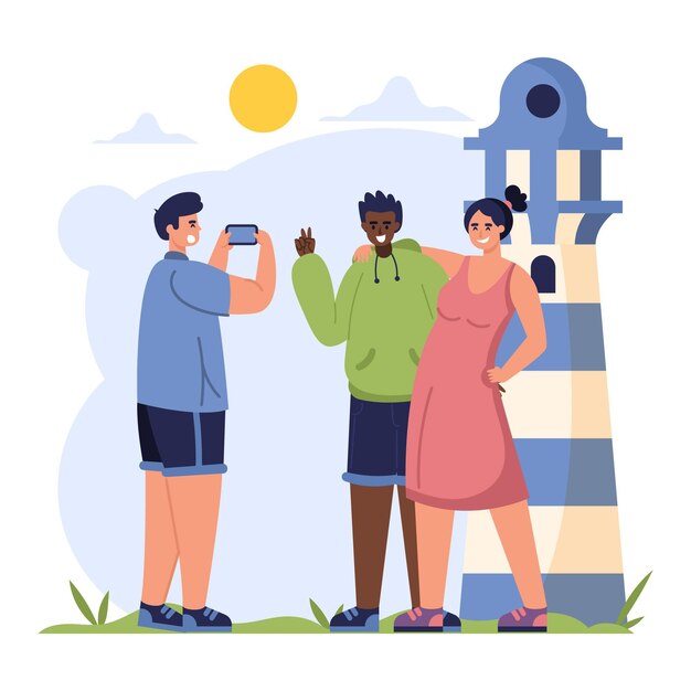 Flat people taking photos with smartphone
