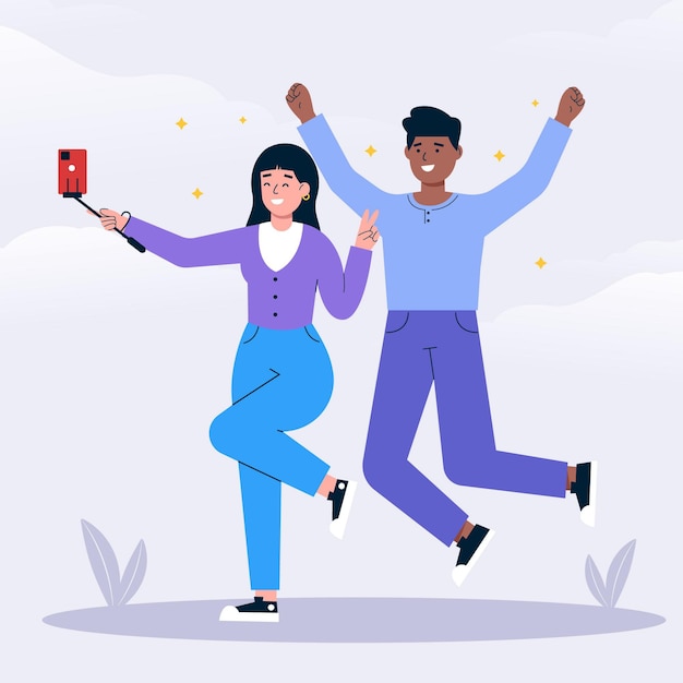 Flat people taking selfie with smartphone