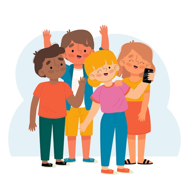 Flat people taking selfies as group