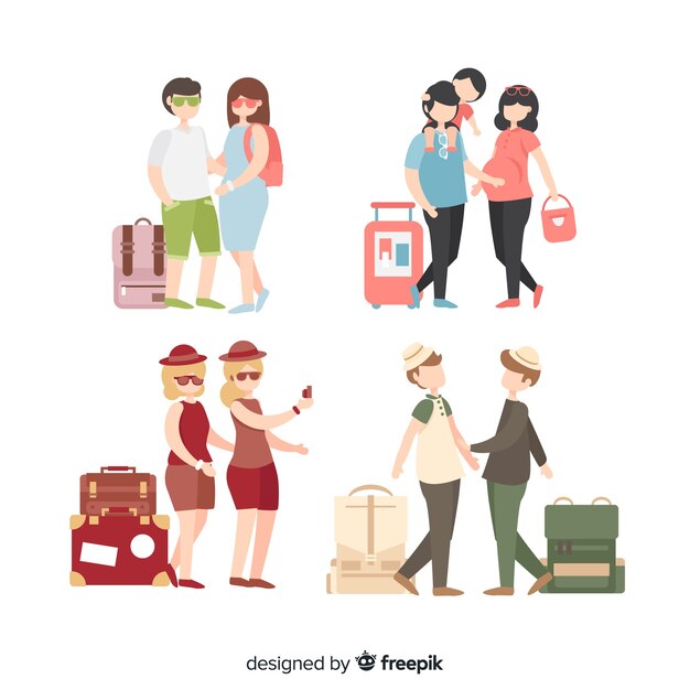 Flat people traveling in different situations