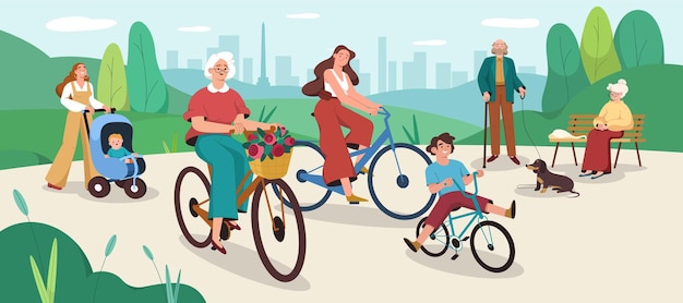 공공 도시 공원에서 걷고 자전거를 타는 평평한 사람들