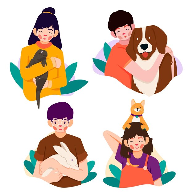 Free vector flat people with pets collection