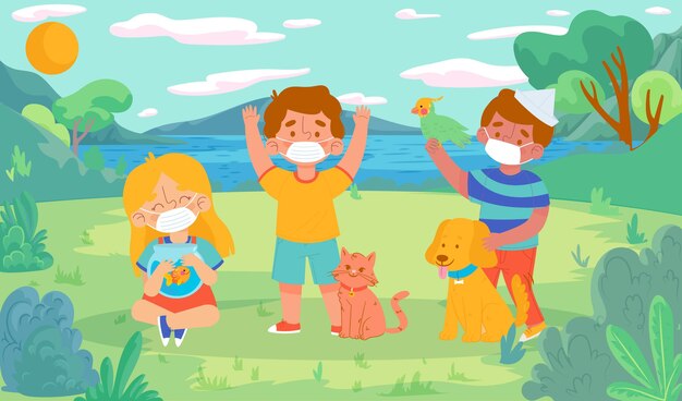 Flat people with pets illustration