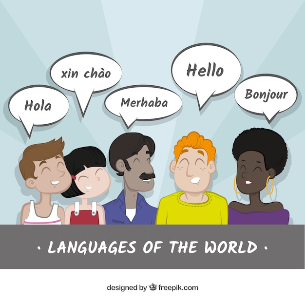 Flat people with speech bubbles in different languages