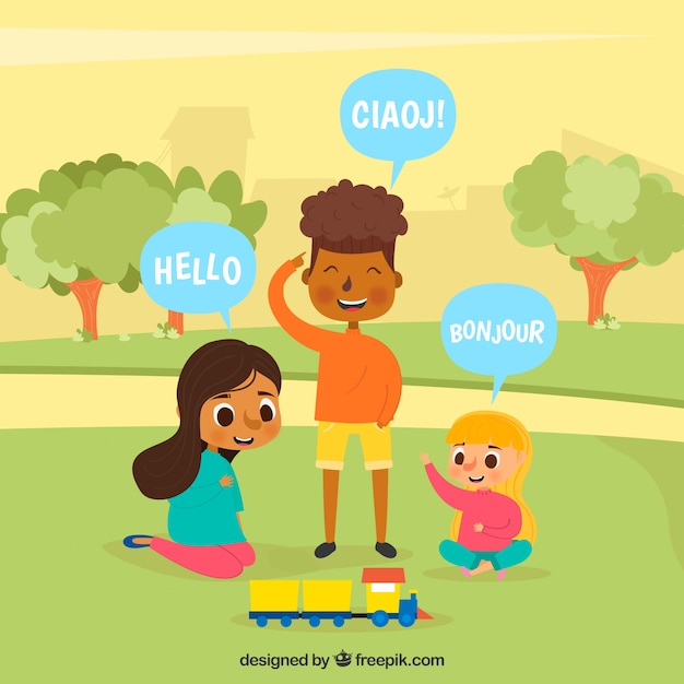 Flat people with speech bubbles in different languages