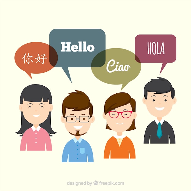Free vector flat people with speech bubbles in different languages
