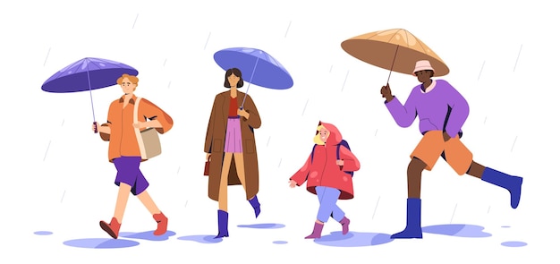 Vettore gratuito persone piatte con ombrelloni che camminano nelle pozzanghere in caso di pioggia piovosa
