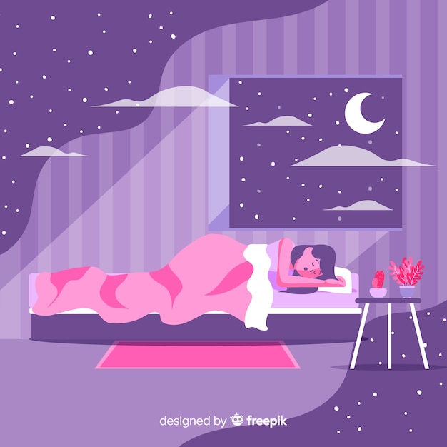 Бесплатное векторное изображение Плоский человек спит ночью в постели фоне