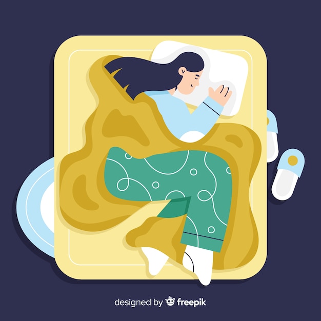Flat person sleeping in bed background