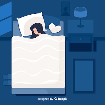 Flat person sleeping at night in bed background