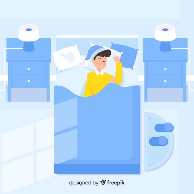 Flat person sleeping at night in bed background