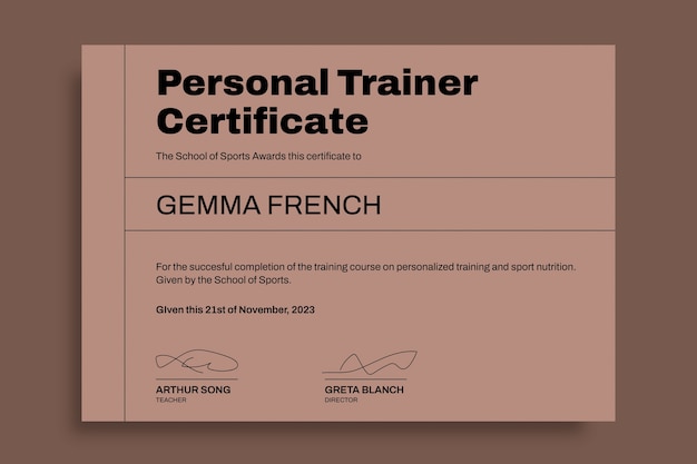 Vettore gratuito certificato di personal trainer piatto