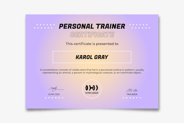 Vettore gratuito certificato di personal trainer piatto