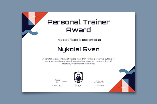 Vettore gratuito certificato di personal trainer piatto