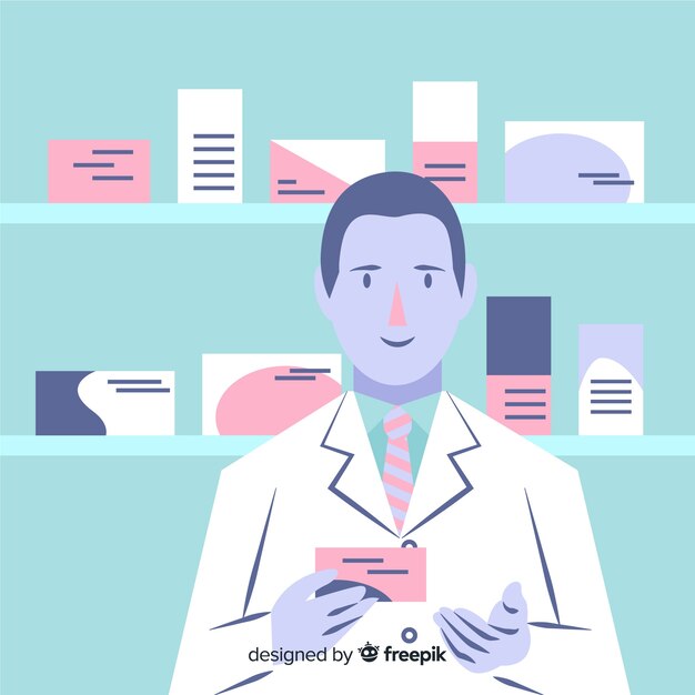 Flat pharmacist attending customers background