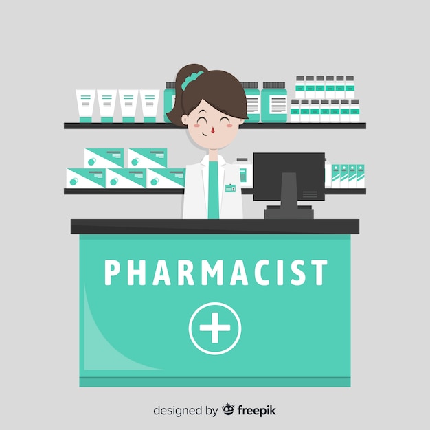 Free vector flat pharmacist attending customers background