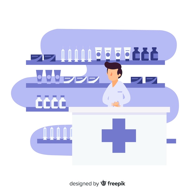 Free vector flat pharmacist attending customers background