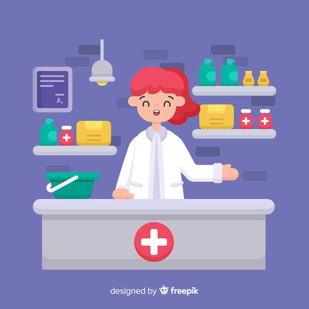 Flat pharmacist attending customers background