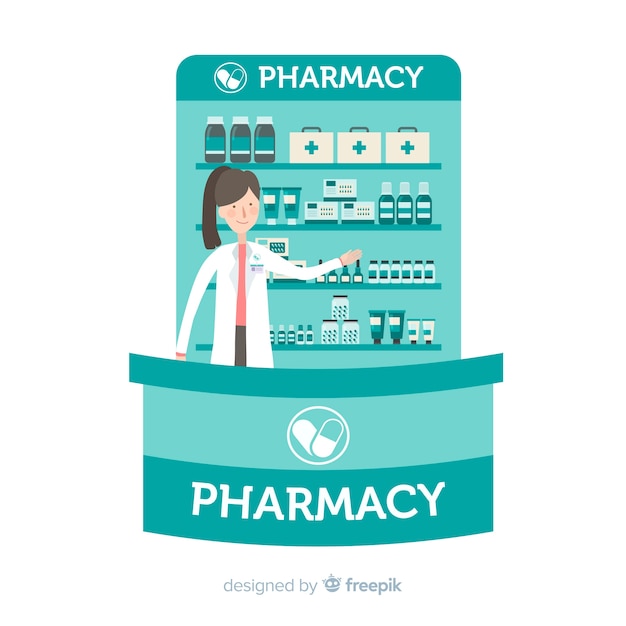 Flat pharmacist attending customers background