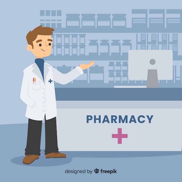 Flat pharmacist attending customers background