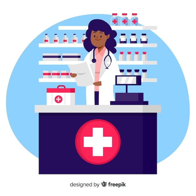 Flat pharmacist attending customers background