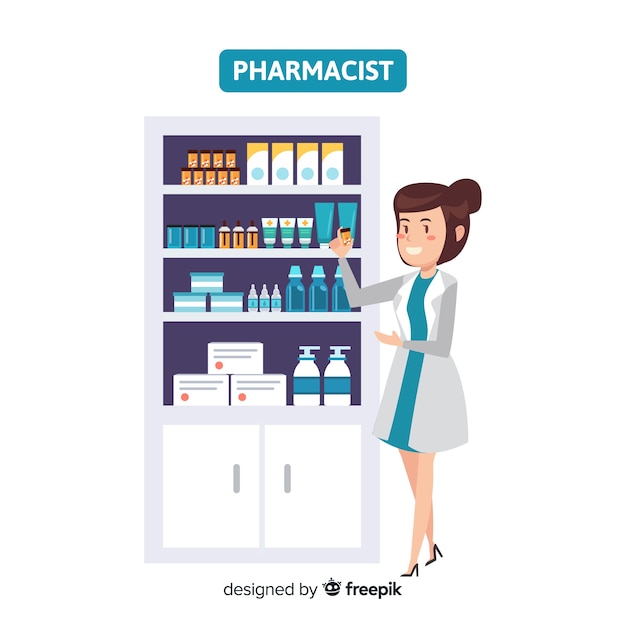 Free vector flat pharmacist attending customers background