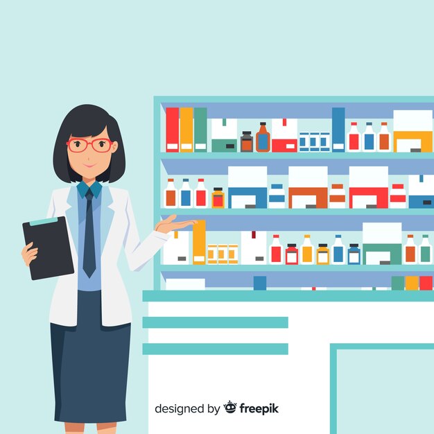 Flat pharmacist attending customers background