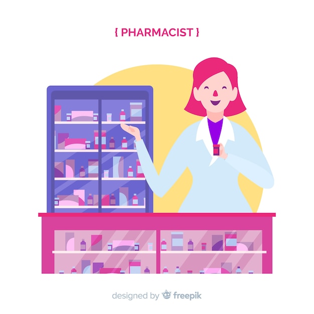 Free vector flat pharmacist attending customers background