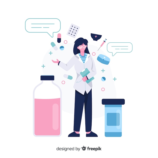 Flat pharmacist with speech bubbles