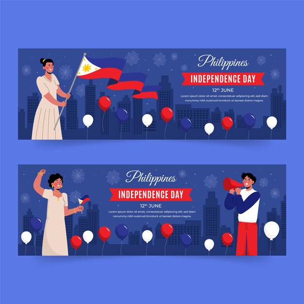 Flat philippine independence day horizontal banners set with people holding flags