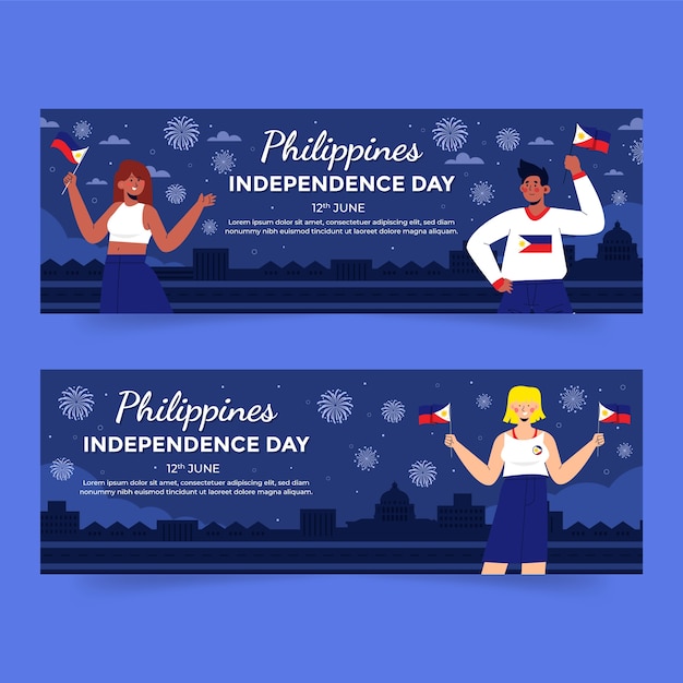 Free vector flat philippine independence day horizontal banners set with people holding flags