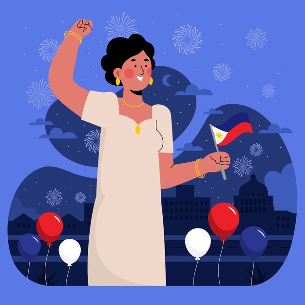 Flat philippine independence day illustration with person holding flag