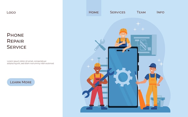 flat phone repair service web site page with happy tech support engineers and smartphone vector illustration