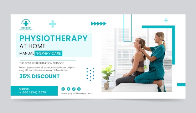 Flat physiotherapist horizontal sale banner template