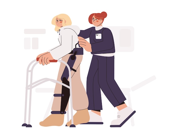 無料ベクター フラット理学療法医は、患者がリハビリ歩行者と一緒に歩くのを助けます。理学療法士は手術後の女性をサポートします。医療リハビリテーションの概念。怪我後の回復と可動性の脚のための運動。