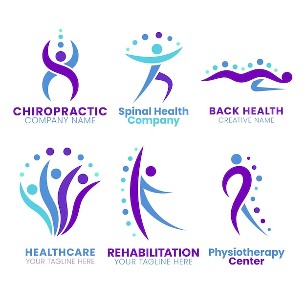 Бесплатное векторное изображение Плоский набор физиотерапевтических логотипов