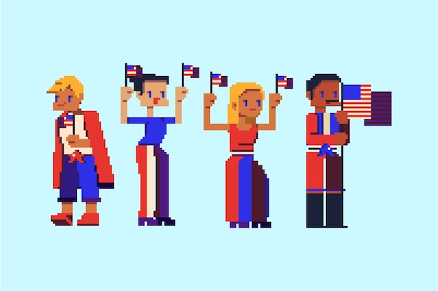 Flat pixel art 4th of july characters