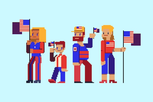 Flat pixel art 4th of july characters