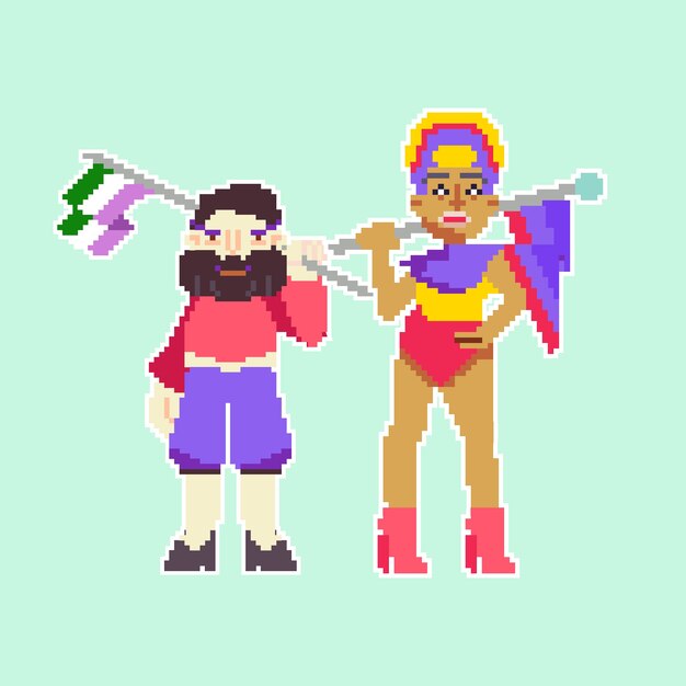 Flat pixel art pride month flags and people illustration