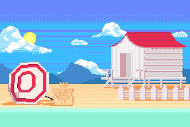 Scena estiva di pixel art piatta