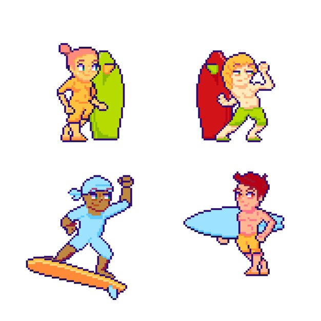 Vettore gratuito collezione di surfisti di pixel art piatti