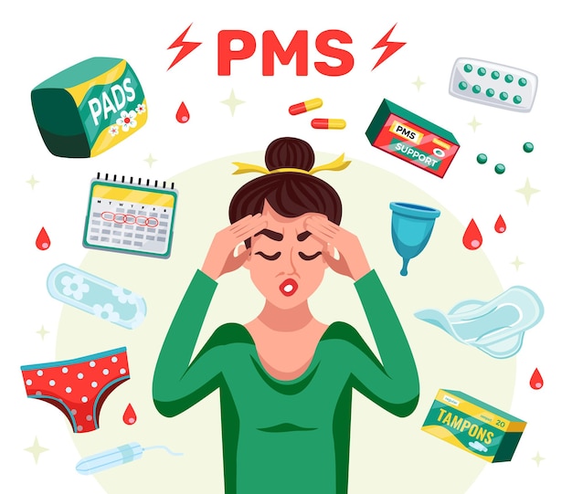 Free vector flat pms woman composition with menstruation tools and woman with a headache