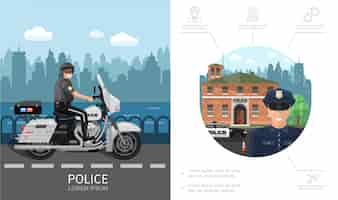 Free vector flat police colorful concept with policeman riding motorcycle on road and emergency siren handcuffs handgun icons