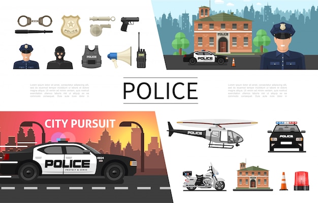 Flat police elements concept with policeman criminal sheriff badge gun helmet loudspeaker handcuffs helicopter car motorcycle siren radio set 